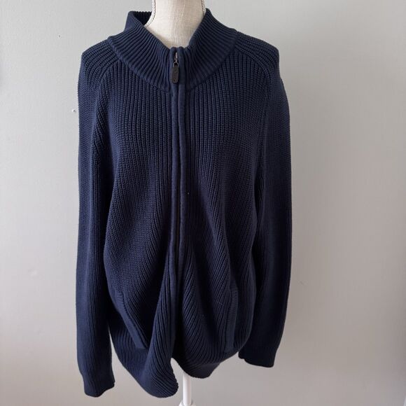 L.L. Bean Men's Cableknit Navy Blue Full Zip Cardigan Sweater Size Large Tall LT - Picture 1 of 7